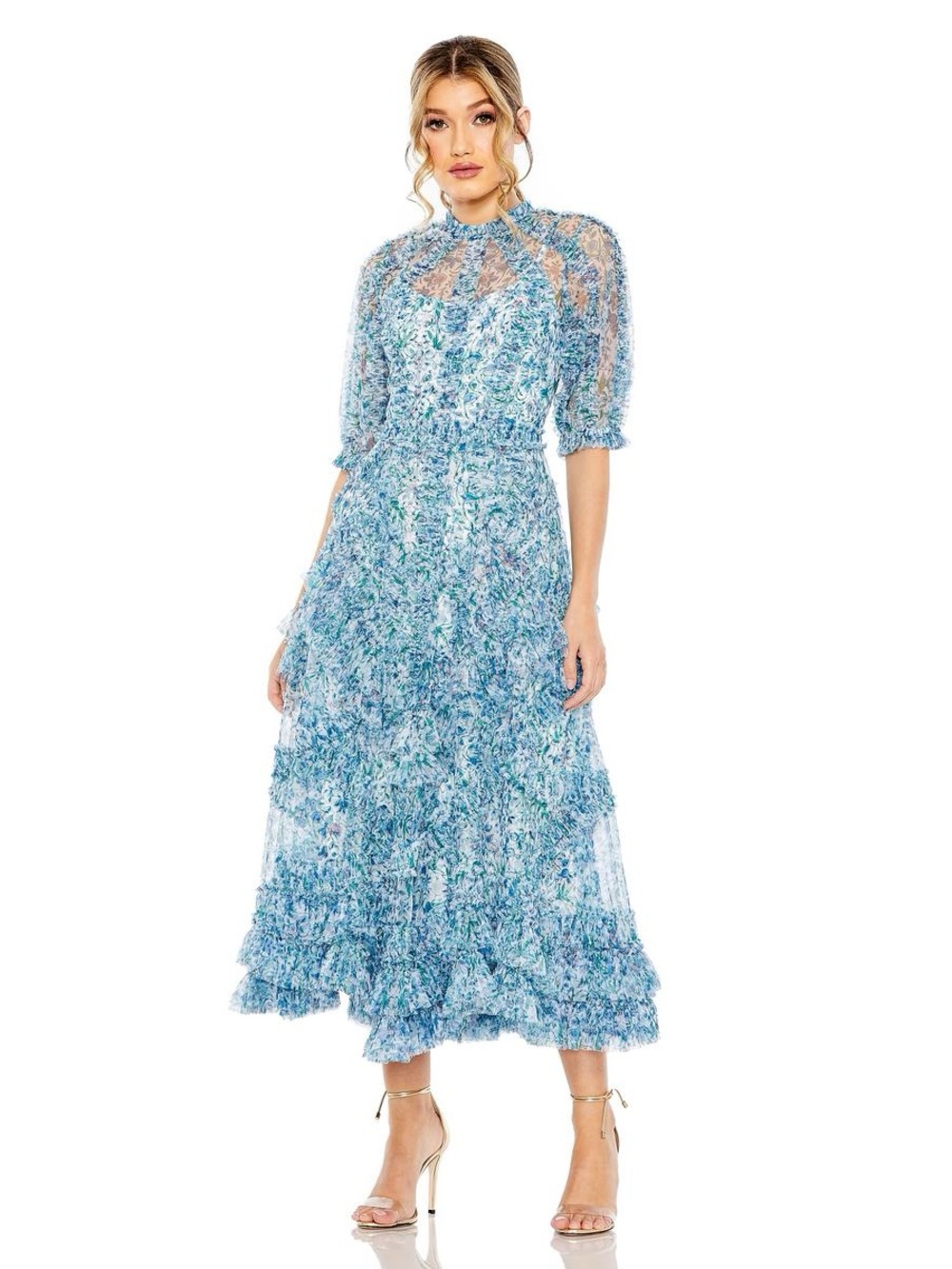 Mac Duggal 8011 Mesh Puff Sleeve Floral Print Dress Blue Multi Size 14 NWT